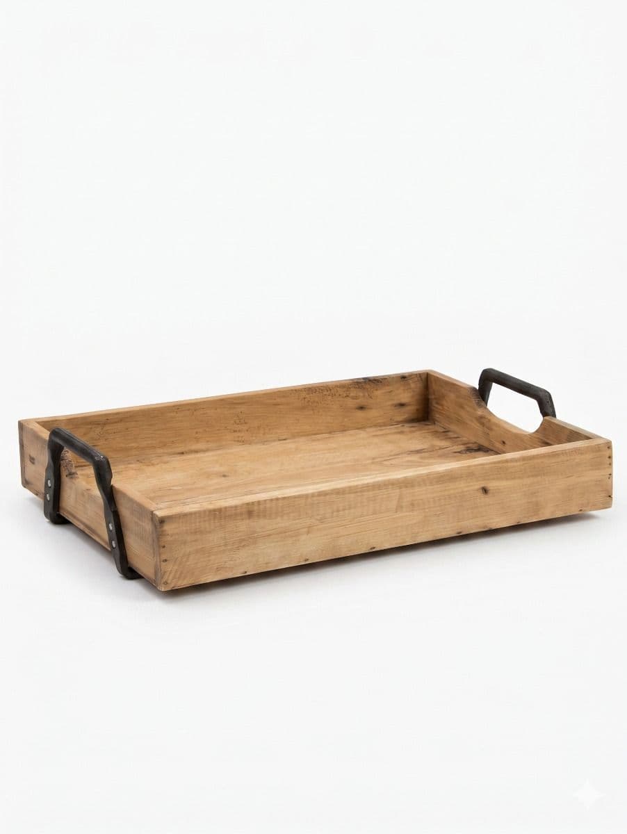 BANDEJA DE MADERA RECTA MANIJAS DE HIERRO 45X30